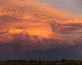 Supercell updraft in sunset colors